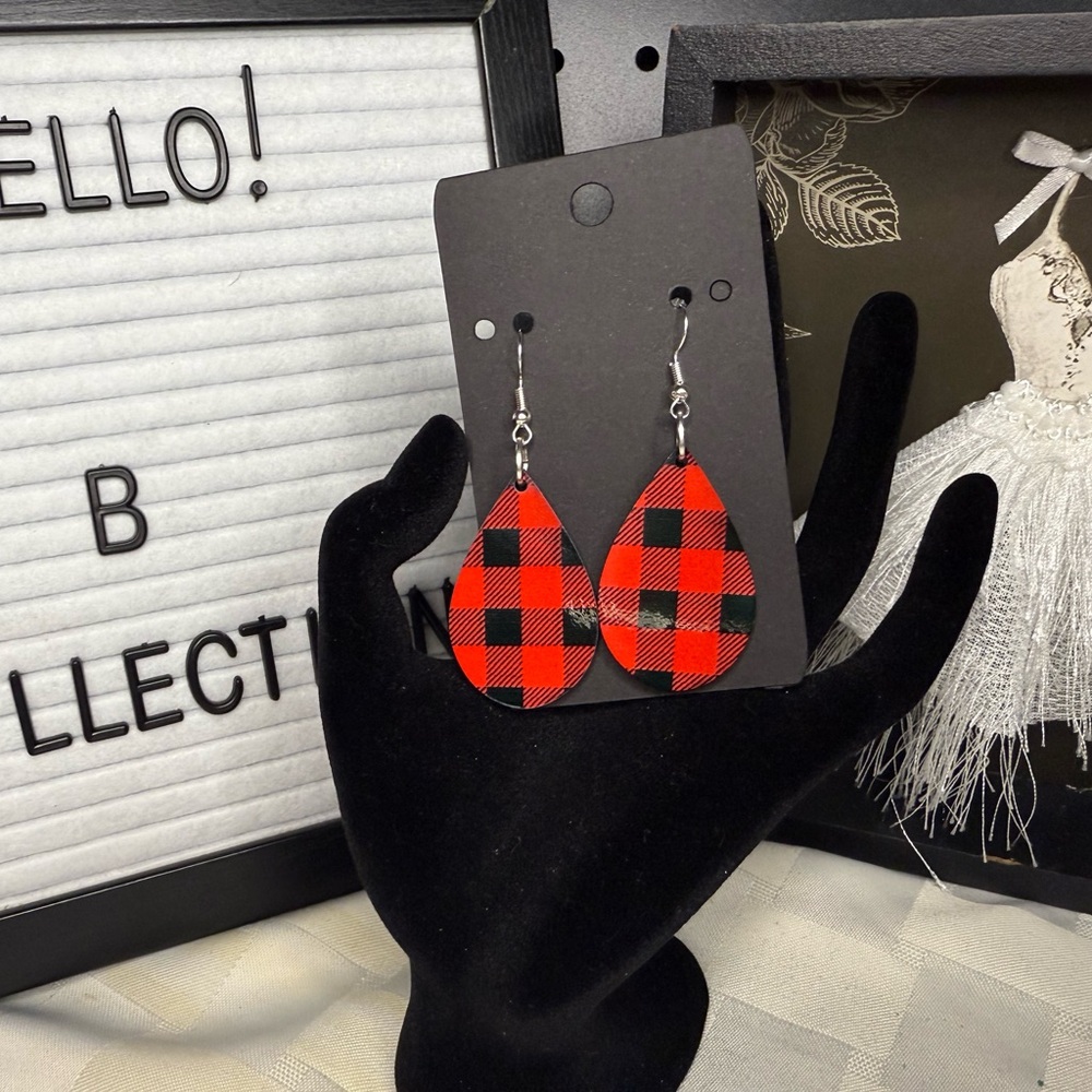 Plaid Red and Black Teardrop Earrings